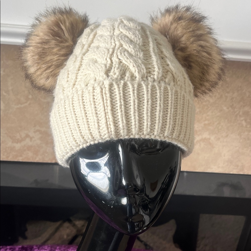 Cozy Cream Knit Hat with Faux Fur Pom Poms